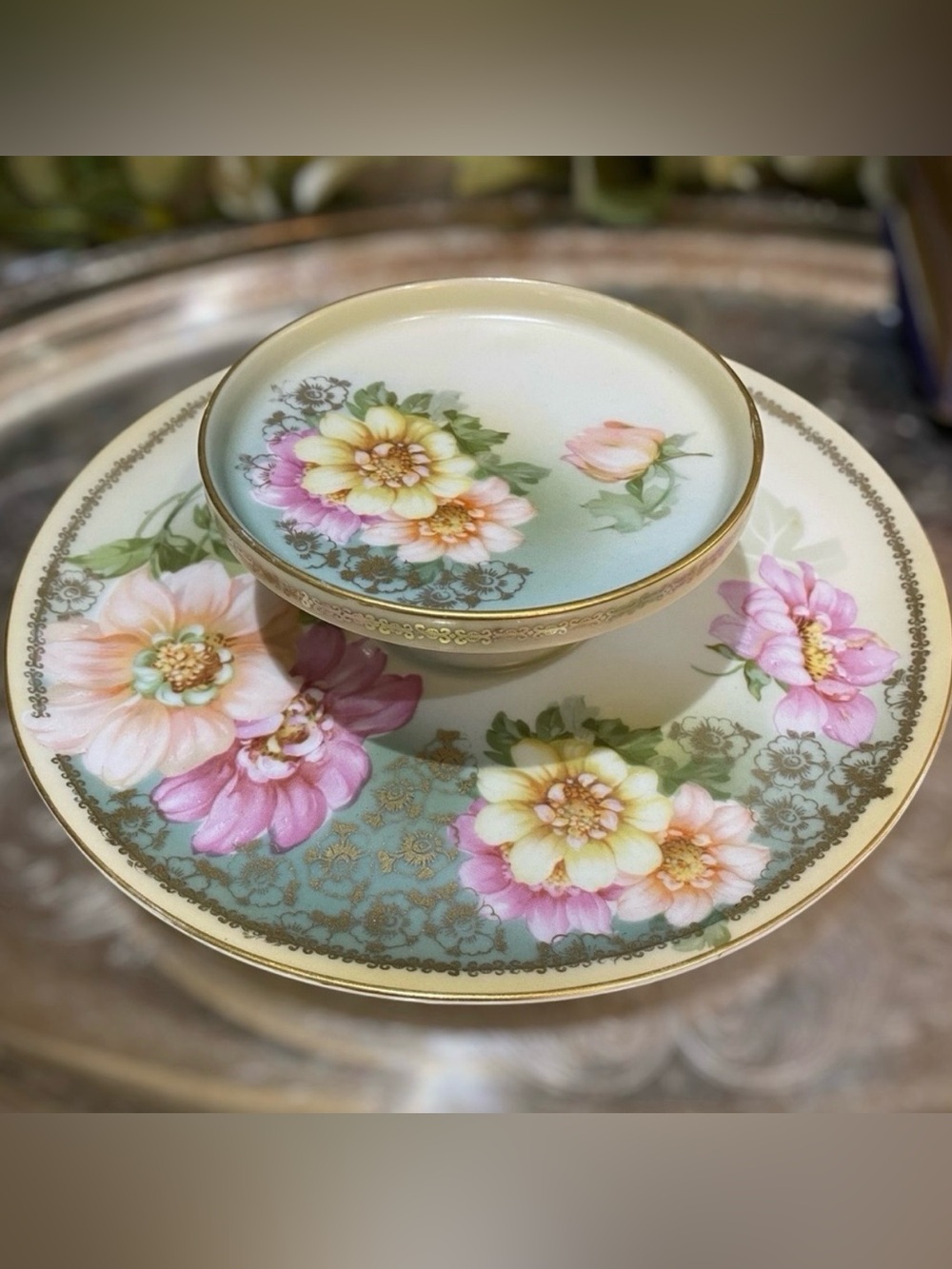 c1910 Antique RS Tillowitz Silesia Two Tiered Serving Tray Plate Floral